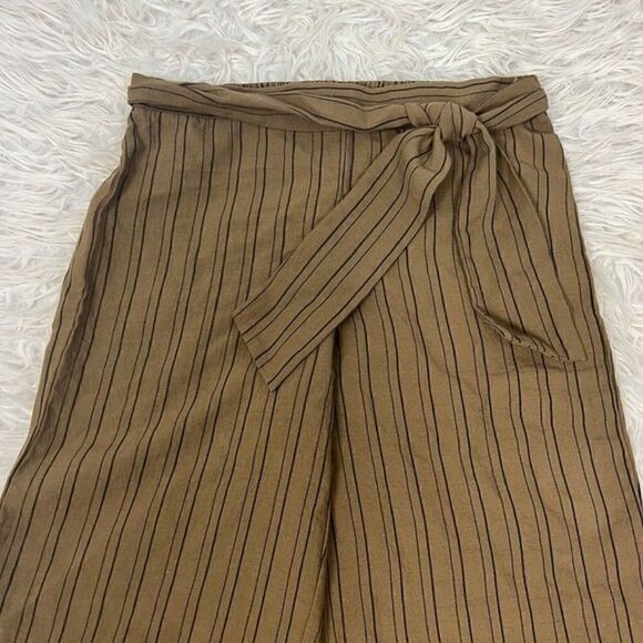 Calvin Klein Linen Brown Pinstriped Elastic Waist Tie Wide Leg Cropped Pants 6 - Picture 10 of 12